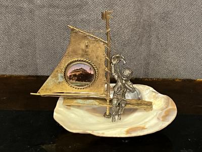 VICTORIAN GRAND TOUR BRASS BRONZE SHELL SHIP INTAGLIO OF KIEL WATCH HOLDER