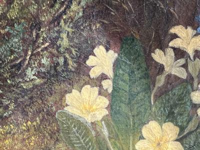 VICTORIAN STILL LIFE OF BIRDS NEST MEADOW FLOWERS AND PEACOCK BUTTERFLY