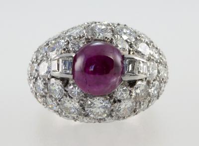 VINTAGE DIAMOND CLUSTER AND RUBY DOME PLATINUM RING