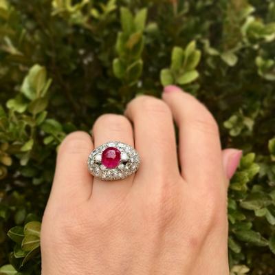 VINTAGE DIAMOND CLUSTER AND RUBY DOME PLATINUM RING