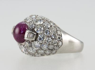 VINTAGE DIAMOND CLUSTER AND RUBY DOME PLATINUM RING