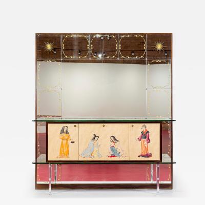 VINTAGE MID CENTURY MIRRORED BAR CABINET CREDENZA WITH ASIAN MOTIF