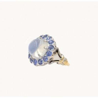 VINTAGE MOONSTONE AND SAPPHIRE 14K GOLD CLUSTER RING