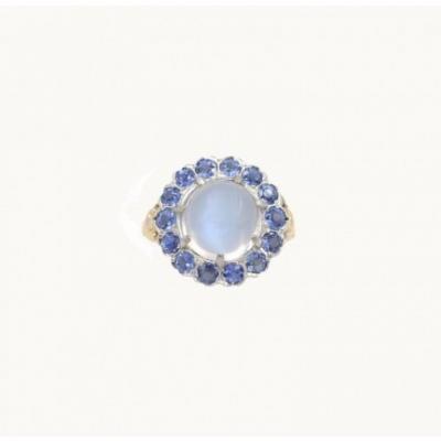 VINTAGE MOONSTONE AND SAPPHIRE 14K GOLD CLUSTER RING