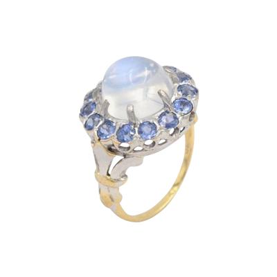 VINTAGE MOONSTONE AND SAPPHIRE 14K GOLD CLUSTER RING