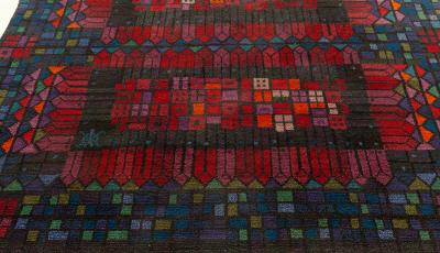 VINTAGE SWEDISH BLUE PURPLE RED PILE RUG BY KERSTIN EKENGREN