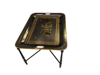 VINTAGE TOLE BLACK GOLD CHINOISERIE TRAY TABLE WITH X STRETCHER BASE