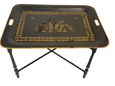 VINTAGE TOLE BLACK GOLD CHINOISERIE TRAY TABLE WITH X STRETCHER BASE