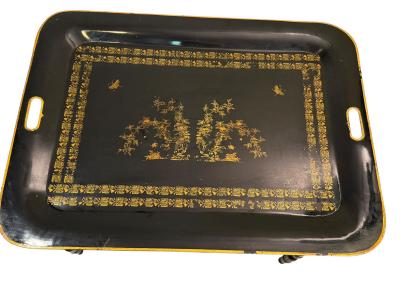 VINTAGE TOLE BLACK GOLD CHINOISERIE TRAY TABLE WITH X STRETCHER BASE