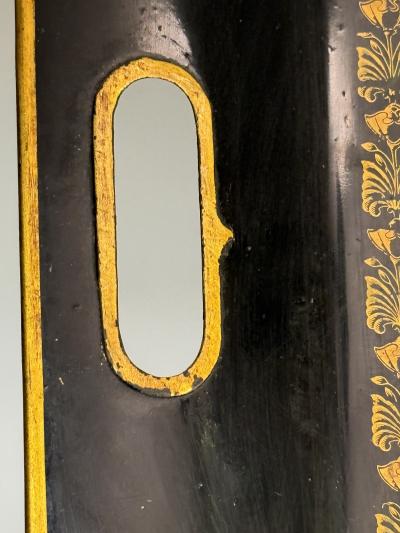 VINTAGE TOLE BLACK GOLD CHINOISERIE TRAY TABLE WITH X STRETCHER BASE