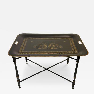 VINTAGE TOLE BLACK GOLD CHINOISERIE TRAY TABLE WITH X STRETCHER BASE