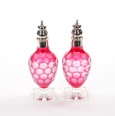 Val Saint Lambert Pink Glass Bottles with Diamond Cut Etched Decoration