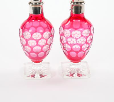 Val Saint Lambert Pink Glass Bottles with Diamond Cut Etched Decoration