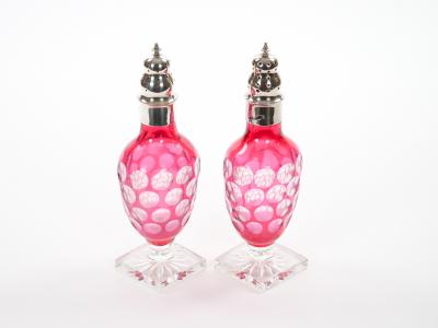 Val Saint Lambert Pink Glass Bottles with Diamond Cut Etched Decoration