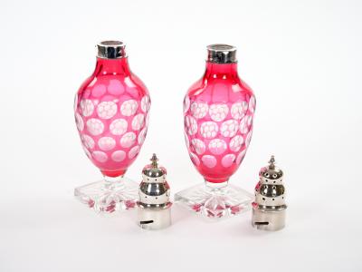 Val Saint Lambert Pink Glass Bottles with Diamond Cut Etched Decoration