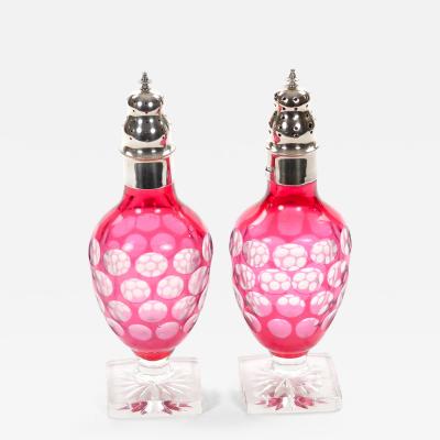 Val Saint Lambert Pink Glass Bottles with Diamond Cut Etched Decoration