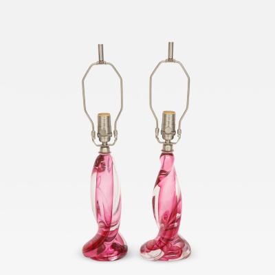 Val St Lambert Val St Lambert Pink Clear Crystal Lamps