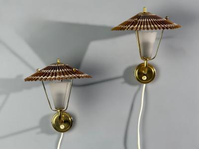 Valinte Oy Wall Lights Polished Brass Frosted Glass Rattan Finland 1950s