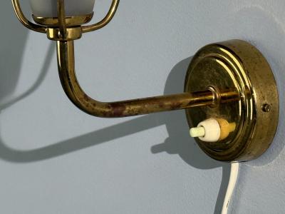 Valinte Oy Wall Lights Polished Brass Frosted Glass Rattan Finland 1950s