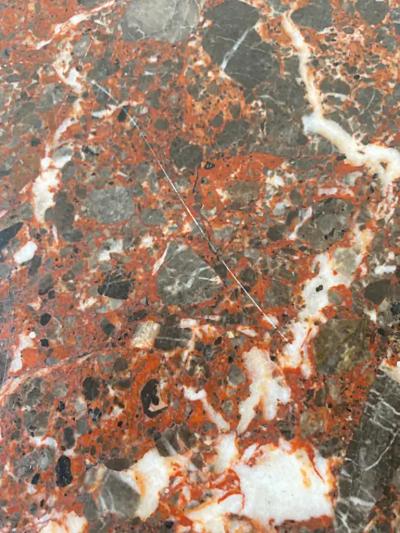 Variegated Marble Dining Table with Painted Steel Legs and Stretchers