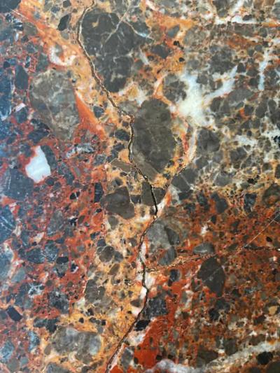 Variegated Marble Dining Table with Painted Steel Legs and Stretchers