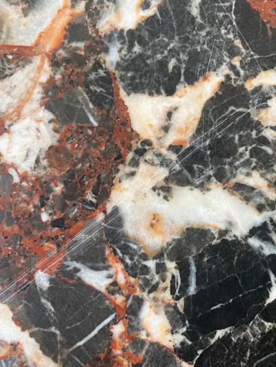 Variegated Marble Dining Table with Painted Steel Legs and Stretchers