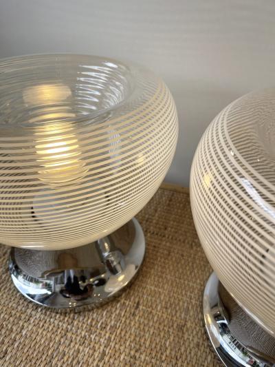 VeArt Pair of Stripe Murano Glass and Metal Chrome Lamps by VeArt Italy 1970s
