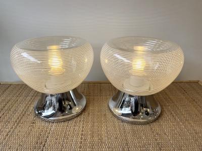 VeArt Pair of Stripe Murano Glass and Metal Chrome Lamps by VeArt Italy 1970s