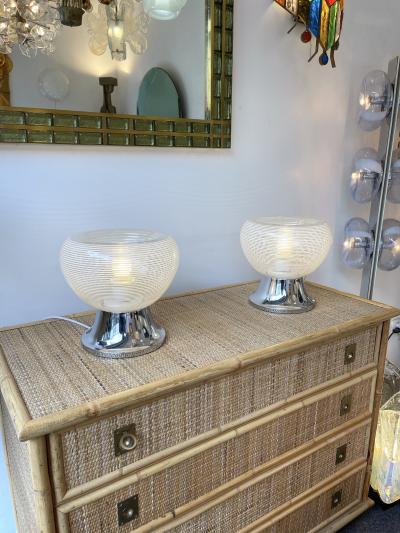 VeArt Pair of Stripe Murano Glass and Metal Chrome Lamps by VeArt Italy 1970s