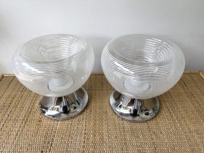VeArt Pair of Stripe Murano Glass and Metal Chrome Lamps by VeArt Italy 1970s