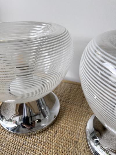 VeArt Pair of Stripe Murano Glass and Metal Chrome Lamps by VeArt Italy 1970s
