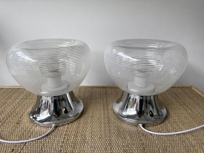 VeArt Pair of Stripe Murano Glass and Metal Chrome Lamps by VeArt Italy 1970s