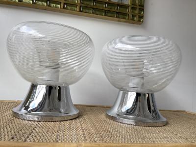 VeArt Pair of Stripe Murano Glass and Metal Chrome Lamps by VeArt Italy 1970s