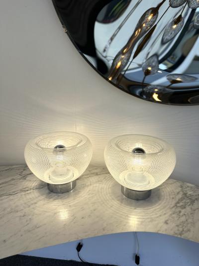 VeArt Pair of Stripe Murano Glass and Metal Chrome Lamps by VeArt Italy 1970s