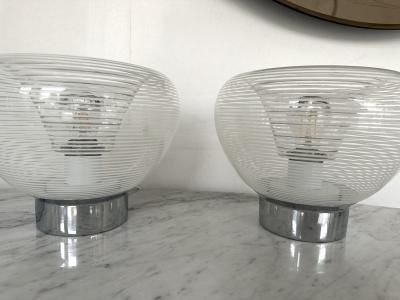 VeArt Pair of Stripe Murano Glass and Metal Chrome Lamps by VeArt Italy 1970s
