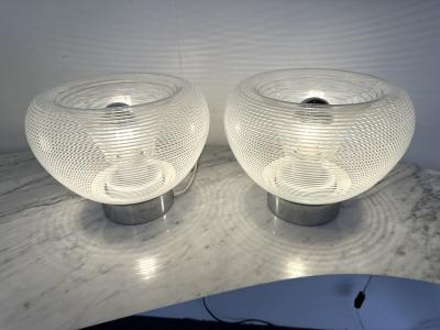 VeArt Pair of Stripe Murano Glass and Metal Chrome Lamps by VeArt Italy 1970s