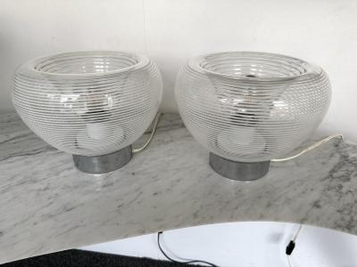 VeArt Pair of Stripe Murano Glass and Metal Chrome Lamps by VeArt Italy 1970s