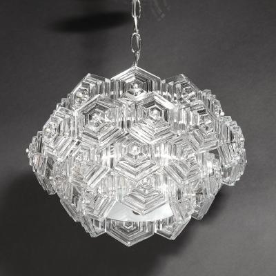 Veb Ebersbach Mid Century Hexagonal Prism Frosted Glass Diffuser Chandelier by Veb Ebersbach