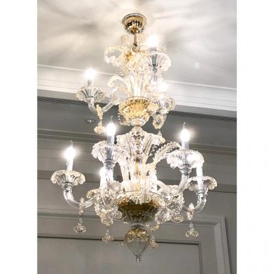 Venetian Baroque Style 9 Light Crystal Pure Gold Murano Glass Modern Chandelier