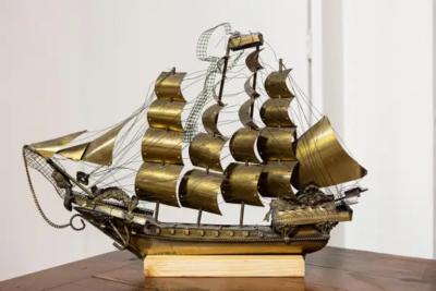 Venetian Brass Four Masted Model Ship with Detailed D cor Mounted on Base
