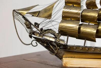 Venetian Brass Four Masted Model Ship with Detailed D cor Mounted on Base