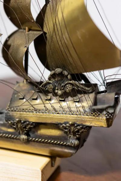 Venetian Brass Four Masted Model Ship with Detailed D cor Mounted on Base