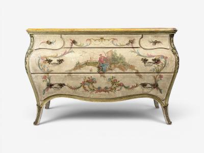 Venetian Chinoiserie Bomb Commode Beige Painted Faux Marble Italy 1920s