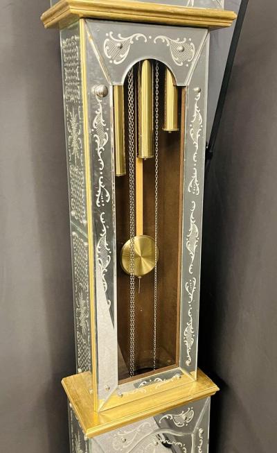Venetian Etched Glass Tall Case Grandfather Clock Giltwood Tempus Fugit