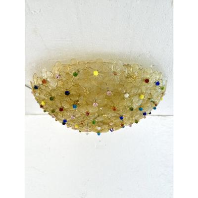 Venetian Gold Flowers and Multicolored Murano Glass Flush Mount
