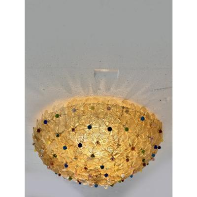 Venetian Gold Flowers and Multicolored Murano Glass Flush Mount