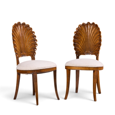 Venetian Grotto Hollywood Regency Style Scalloped Shell Back Dining Chair Pair