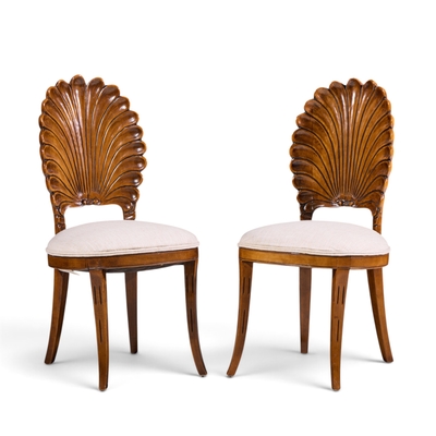 Venetian Grotto Hollywood Regency Style Scalloped Shell Back Dining Chair Pair