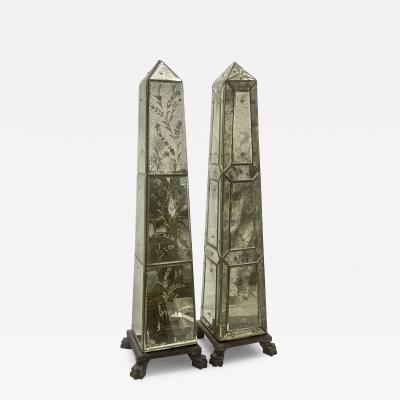 Venetian Mirrored Obelisk. Compatible Pair Etched Glass Panels