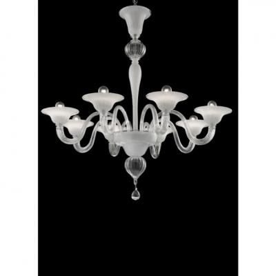 Venetian Murano Glass Chandelier in Transparent and White Tones With Silver Leaf